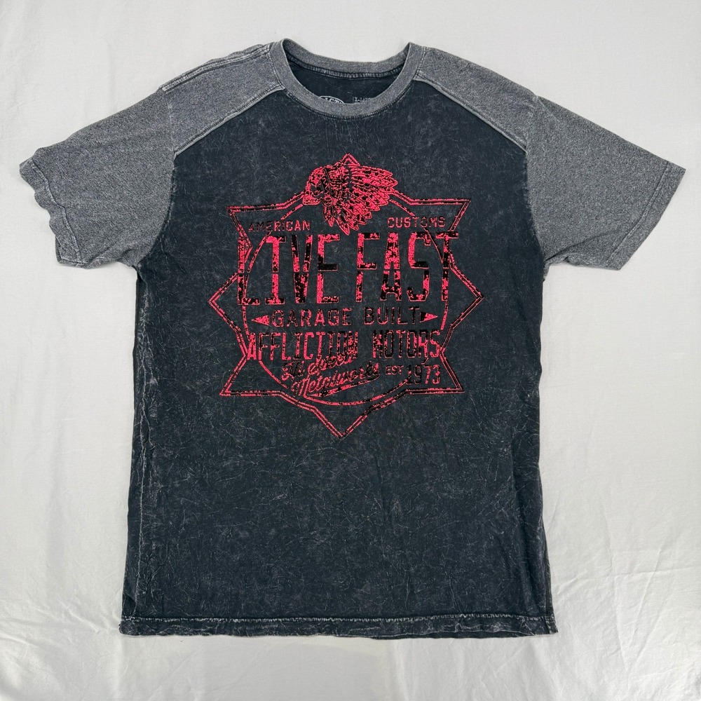 Affliction Live Fast American Customs Shirt Mens XL Black Grey Acid Wash Graphic